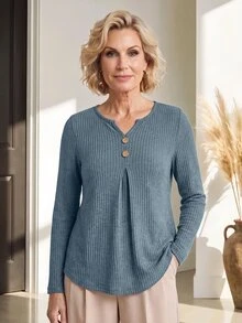 Miaspire Casual Elegant Chic, Ribbed Button Up, Henley Tops Blouses, Soft Knitwear Blue, Long Sleeve Curved Hem, Going Out Work, Fall Autumn Winter Clothes - Dusty Blue - View 7