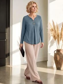 Miaspire Casual Elegant Chic, Ribbed Button Up, Henley Tops Blouses, Soft Knitwear Blue, Long Sleeve Curved Hem, Going Out Work, Fall Autumn Winter Clothes - Dusty Blue - View 6