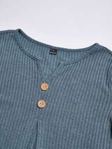 Miaspire Casual Elegant Chic, Ribbed Button Up, Henley Tops Blouses, Soft Knitwear Blue, Long Sleeve Curved Hem, Going Out Work, Fall Autumn Winter Clothes - Dusty Blue - View 4