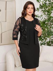 SHEIN Clasi 大尺碼女款純色圓領洋裝與開襟衫兩件套，婚禮派對正式裝，新娘母親穿搭，黑色秋季優雅1950年代新年風格 - 黑色 - 查看 4