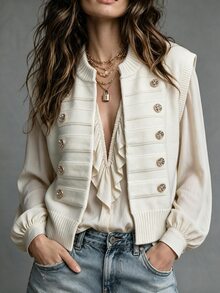 Breezaya Elegant Round Neck Sleeveless Button Design Sweater Vest - White - View 3