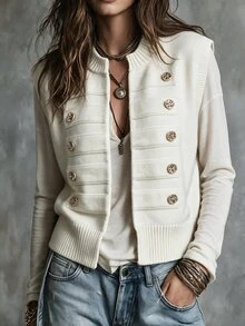 Breezaya Elegant Round Neck Sleeveless Button Design Sweater Vest - White - View 4
