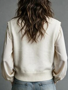 Breezaya Elegant Round Neck Sleeveless Button Design Sweater Vest - White - View 2