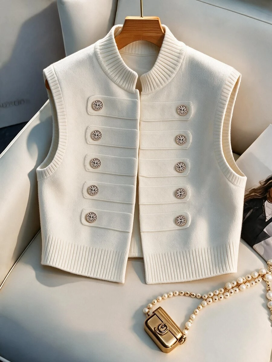 Breezaya Elegant Round Neck Sleeveless Button Design Sweater Vest - White - View 1