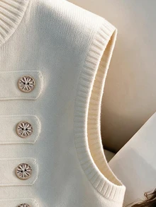 Breezaya Elegant Round Neck Sleeveless Button Design Sweater Vest - White - View 6