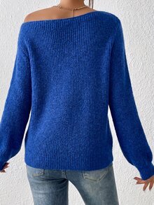 SHEIN BASICS Women's Solid Color Asymmetric Neckline Casual Fashion Loose Long Sleeve Sweater - Brilliant Blue - View 6