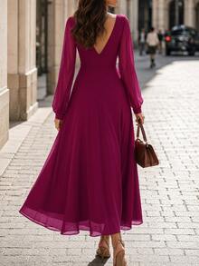 Editum Women's Solid Color Overlap V-Neck Lantern Sleeve Elegant Long Dress - Red Violet - View 3