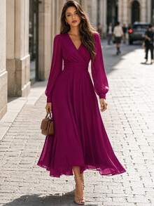 Editum Women's Solid Color Overlap V-Neck Lantern Sleeve Elegant Long Dress - Red Violet - View 7