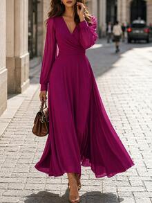 Editum Women's Solid Color Overlap V-Neck Lantern Sleeve Elegant Long Dress - Red Violet - View 5