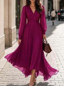 Editum Women's Solid Color Overlap V-Neck Lantern Sleeve Elegant Long Dress - Red Violet - View 4