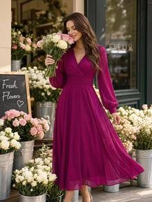 Editum Women's Solid Color Overlap V-Neck Lantern Sleeve Elegant Long Dress - Red Violet - View 2