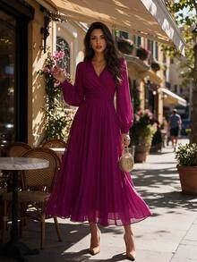 Editum Women's Solid Color Overlap V-Neck Lantern Sleeve Elegant Long Dress - Red Violet - View 8