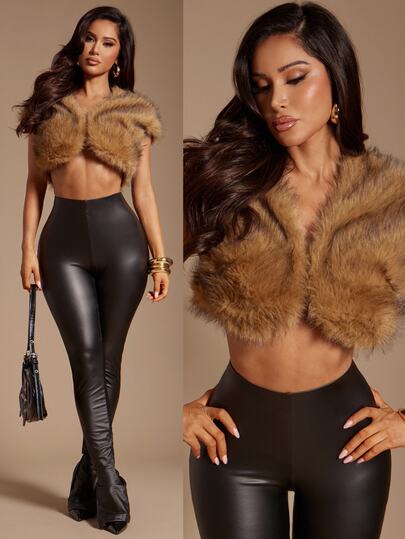Radiana Autumn/Winter Vintage Elegant Fashion Shades Of Brown Faux Fur Shawl Jacket, Ultra Cropped Faux Fur Jacket, Fuzzy Coat Night Party
