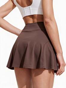 CourtClass Women's Sports Skirt, High Waist Tummy Control, Built-In Shorts, Golf/Tennis Outfit, Summer, Fitness/Commute - Coffee Brown - View 3