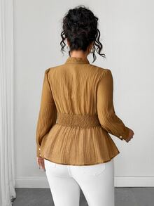 Rometta Plus Size Elegant Blouse For, Textured Fabric, Pearl Button Decoration, Waist-Flattering, Slimming, Long Sleeve Blouse Halloween - Brown - View 10