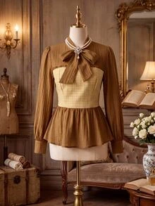 Rometta Plus Size Elegant Blouse For, Textured Fabric, Pearl Button Decoration, Waist-Flattering, Slimming, Long Sleeve Blouse Halloween - Brown - View 11
