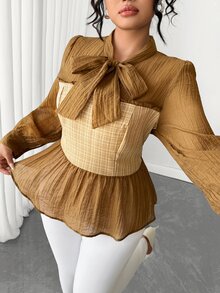 Rometta Plus Size Elegant Blouse For, Textured Fabric, Pearl Button Decoration, Waist-Flattering, Slimming, Long Sleeve Blouse Halloween - Brown - View 6
