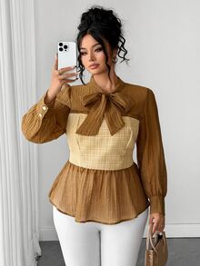 Rometta Plus Size Elegant Blouse For, Textured Fabric, Pearl Button Decoration, Waist-Flattering, Slimming, Long Sleeve Blouse Halloween - Brown - View 7
