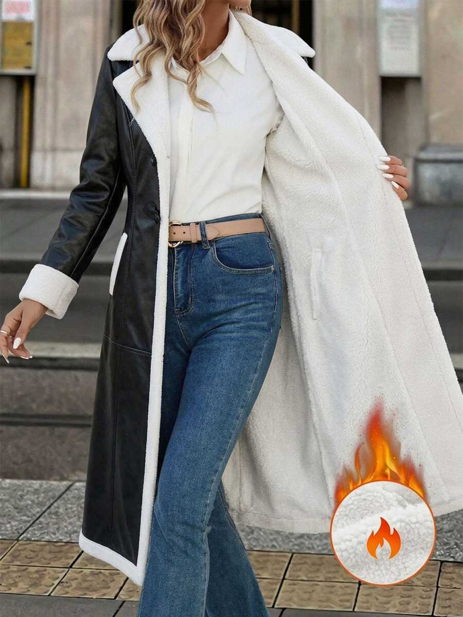 Editum Women's Fashion Contrast Color Horn Button Pocket Overcoat Everyday Office Going Out Black And White Autumn Elegant