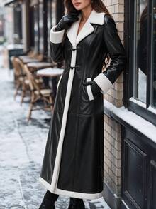 Editum Women's Fashion Contrast Color Horn Button Pocket Overcoat Everyday Going Out Black And White Autumn Elegant - Black - View 5