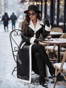 Editum Women's Fashion Contrast Color Horn Button Pocket Overcoat Everyday Going Out Black And White Autumn Elegant - Black - View 7