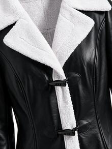 Editum Women's Fashion Contrast Color Horn Button Pocket Overcoat Everyday Going Out Black And White Autumn Elegant - Black - View 14