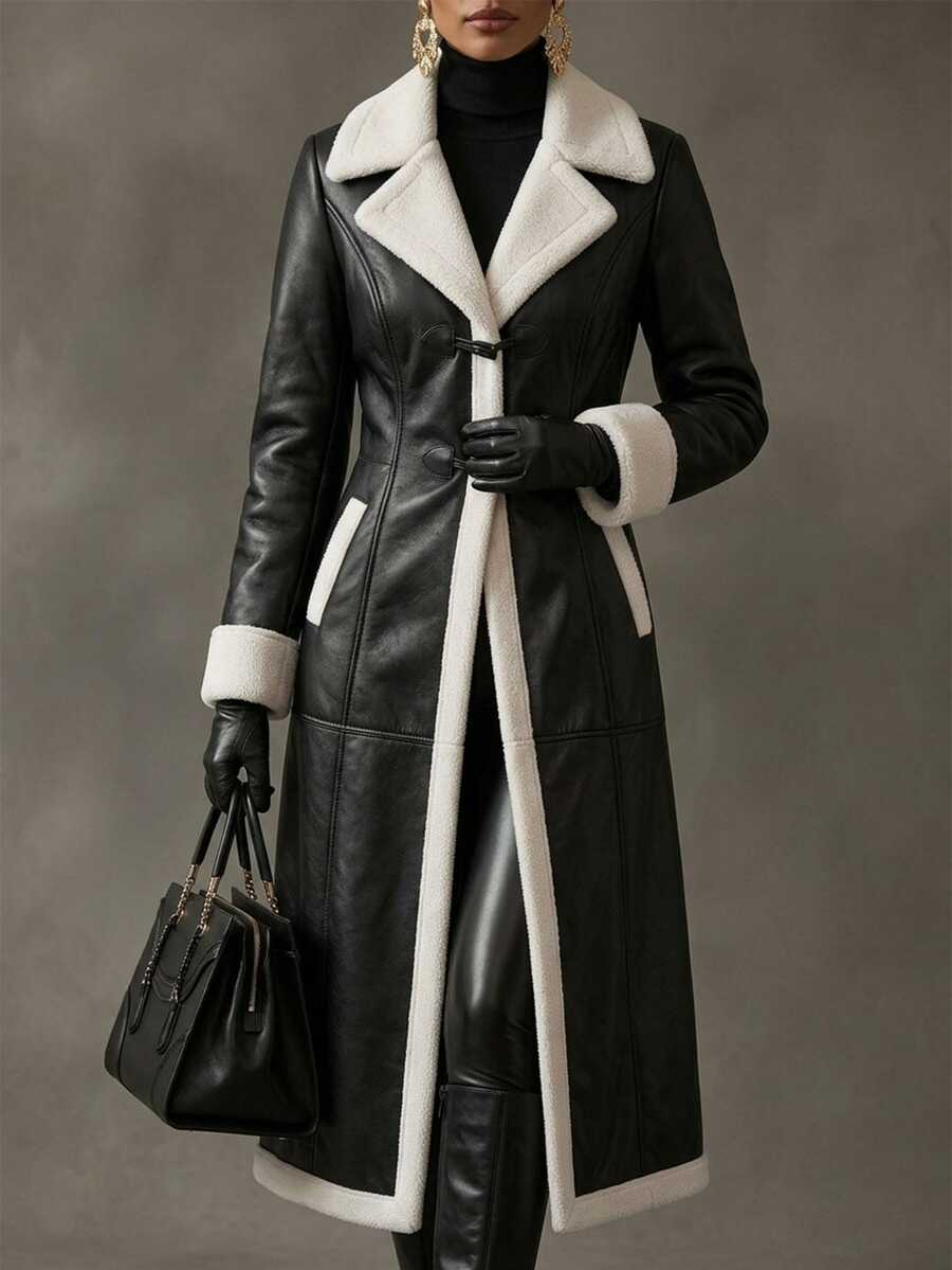 Editum Women's Fashion Contrast Color Horn Button Pocket Overcoat Everyday Going Out Black And White Autumn Elegant