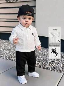 SHEIN Playful Pals 男嬰幼兒 2 件套休閒服飾，馬匹刺繡紋理半拉鍊 Polo 長袖上衣與黑色收口長褲，春秋套裝 3M-3 - 黑與白 - 查看 2