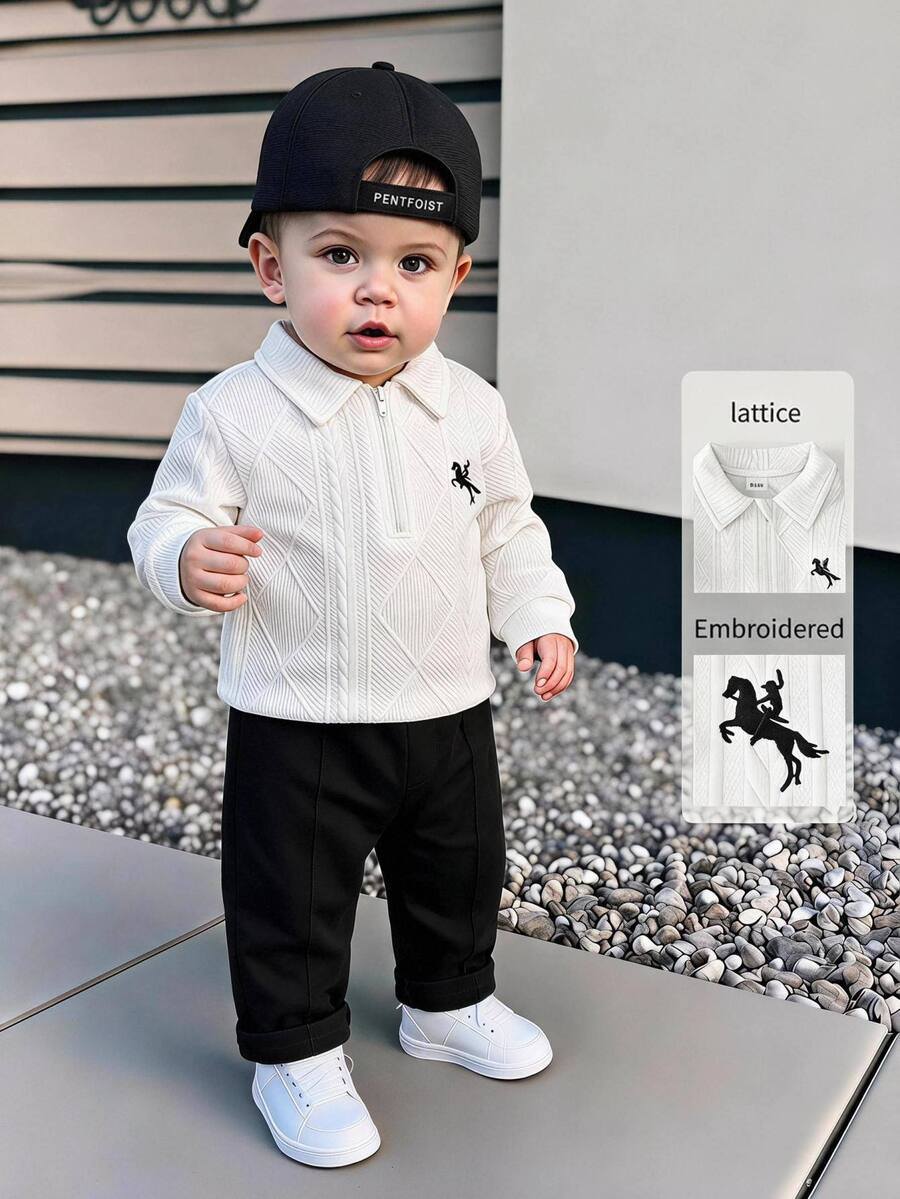 SHEIN Playful Pals 男嬰幼兒 2 件套休閒服飾，馬匹刺繡紋理半拉鍊 Polo 長袖上衣與黑色收口長褲，春秋套裝 3M-3