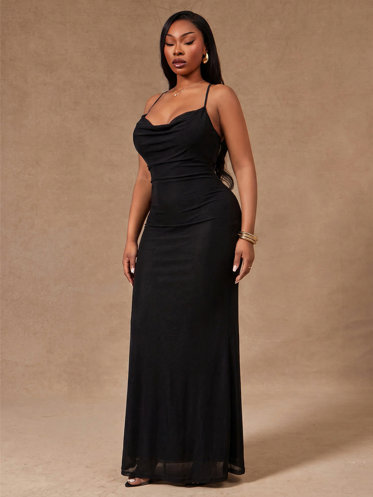 Radiana Plus Size Women's Clothing, Plus Size Dress, Sexy Elegant Black Mesh Fitted Mermaid Dress, Long Strap Dress, Sexy Backless Dress, Black Evening Gown, Elegant Dress, Sexy Dress, Date Dress, Casual Dress, Party Dress, Birthday Dress, Charming Sexy Outfit, Autumn Clothing - Black - View 9