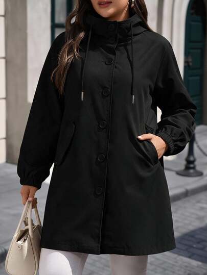 EMERY ROSE Cappotto lungo nero taglie forti con cappuccio, maniche lunghe, coulisse, fodera termica, tasche, vita stretta, adatto per ufficio, uscite, autunno, casual, elegante, inverno