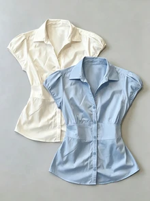 IslaSuriya Women's Solid Color Pleated Casual Versatile Daily Wear Blouse - Blue and White - View 3