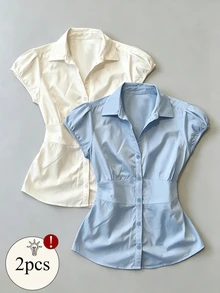 IslaSuriya Women's Solid Color Pleated Casual Versatile Daily Wear Blouse - Blue and White - View 1