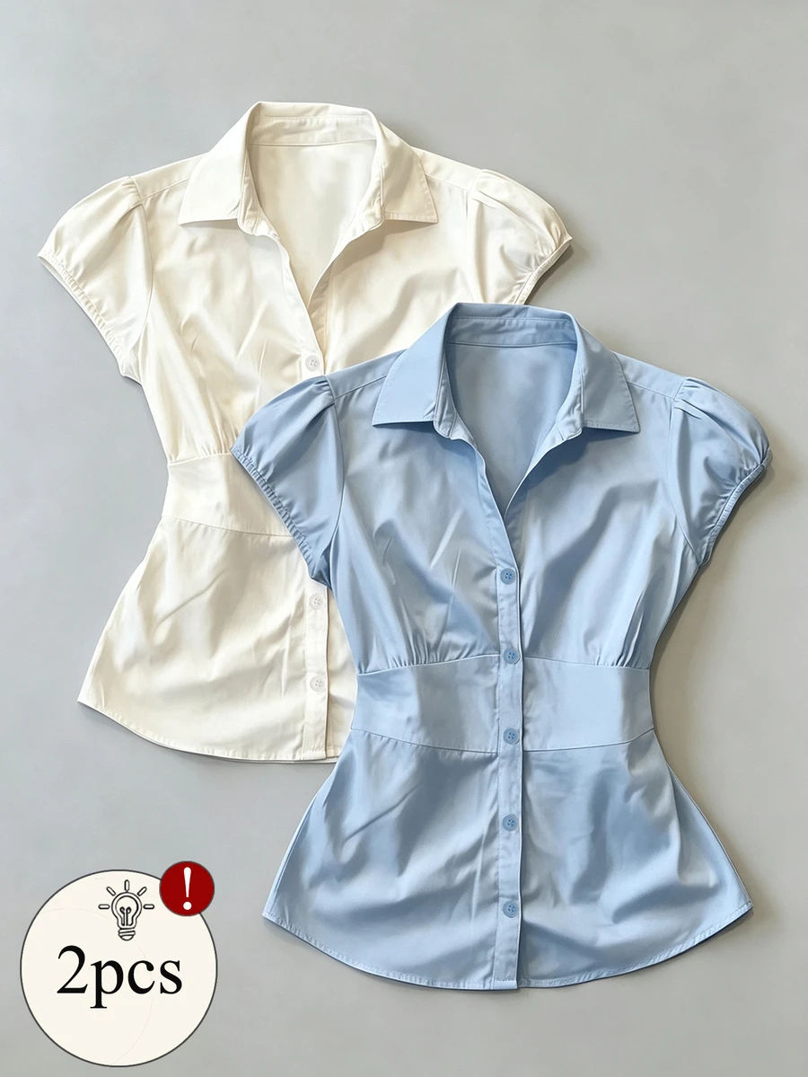 IslaSuriya Women's Solid Color Pleated Casual Versatile Daily Wear Blouse - Blue and White - View 1