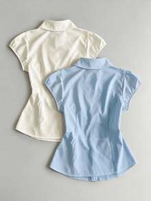 IslaSuriya Women's Solid Color Pleated Casual Versatile Daily Wear Blouse - Blue and White - View 2