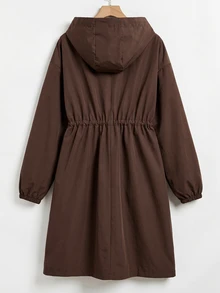 SHEIN EZwear 巧克力棕色編織大尺碼女款長袖連帽風衣外套 秋季 - 巧克力棕 - 查看 2