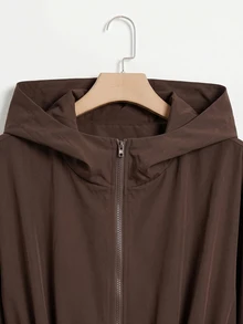 SHEIN EZwear 巧克力棕色編織大尺碼女款長袖連帽風衣外套 秋季 - 巧克力棕 - 查看 4