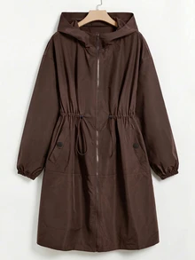 SHEIN EZwear 巧克力棕色編織大尺碼女款長袖連帽風衣外套 秋季 - 巧克力棕 - 查看 1