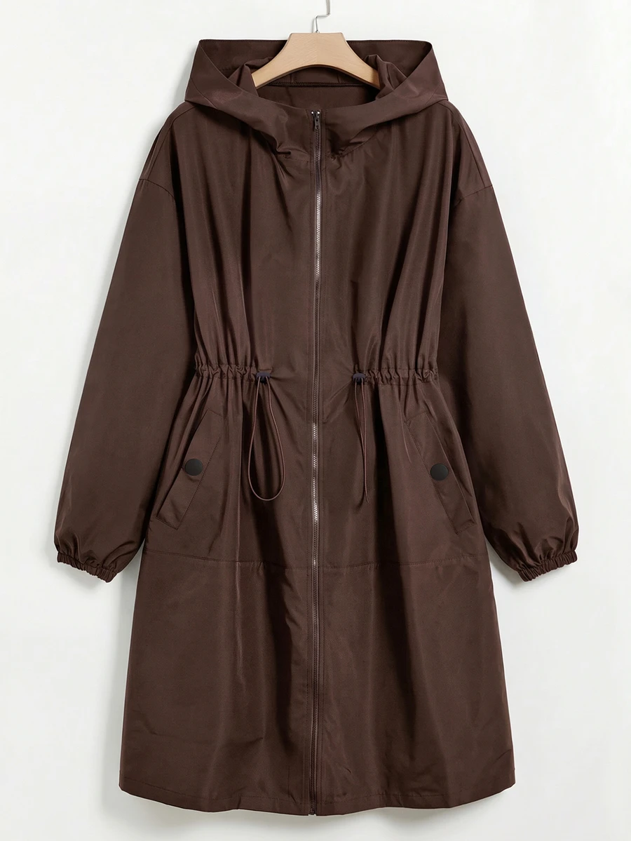 SHEIN EZwear 巧克力棕色編織大尺碼女款長袖連帽風衣外套 秋季 - 巧克力棕 - 查看 1