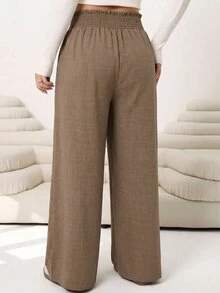 Solflare Autumn/Winter Casual Loose Brown Plus Size Trousers With Elastic Waistband,-Linen Look Fabric, Suitable For Daily Wear, Gatherings, Commuting, Back To School, Dates, Home, Birthday Parties And Multiple Occasions - Brown - View 2