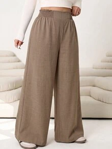 Solflare Autumn/Winter Casual Loose Brown Plus Size Trousers With Elastic Waistband,-Linen Look Fabric, Suitable For Daily Wear, Gatherings, Commuting, Back To School, Dates, Home, Birthday Parties And Multiple Occasions - Brown - View 4