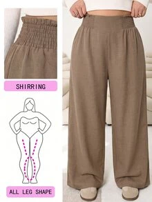 Solflare Autumn/Winter Casual Loose Brown Plus Size Trousers With Elastic Waistband,-Linen Look Fabric, Suitable For Daily Wear, Gatherings, Commuting, Back To School, Dates, Home, Birthday Parties And Multiple Occasions - Brown - View 1