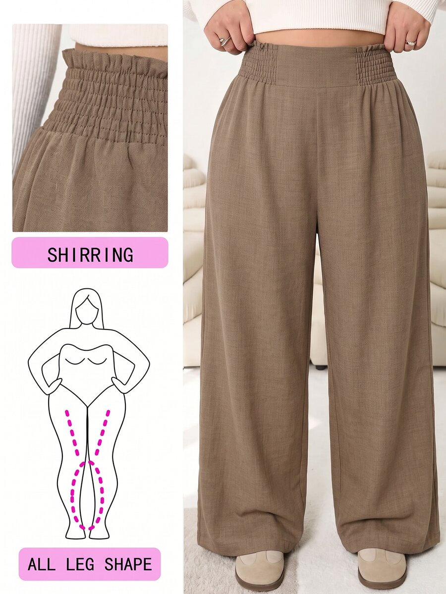 Solflare Autumn/Winter Casual Loose Brown Plus Size Trousers With Elastic Waistband,-Linen Look Fabric, Suitable For Daily Wear, Gatherings, Commuting, Back To School, Dates, Home, Birthday Parties And Multiple Occasions - Brown - View 1