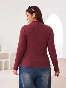 Solflare Plus Size Autumn/Winter Burgundy Ribbed Frill Trim T-Shirt - Burgundy - View 2