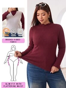 Solflare Plus Size Autumn/Winter Burgundy Ribbed Frill Trim T-Shirt - Burgundy - View 1