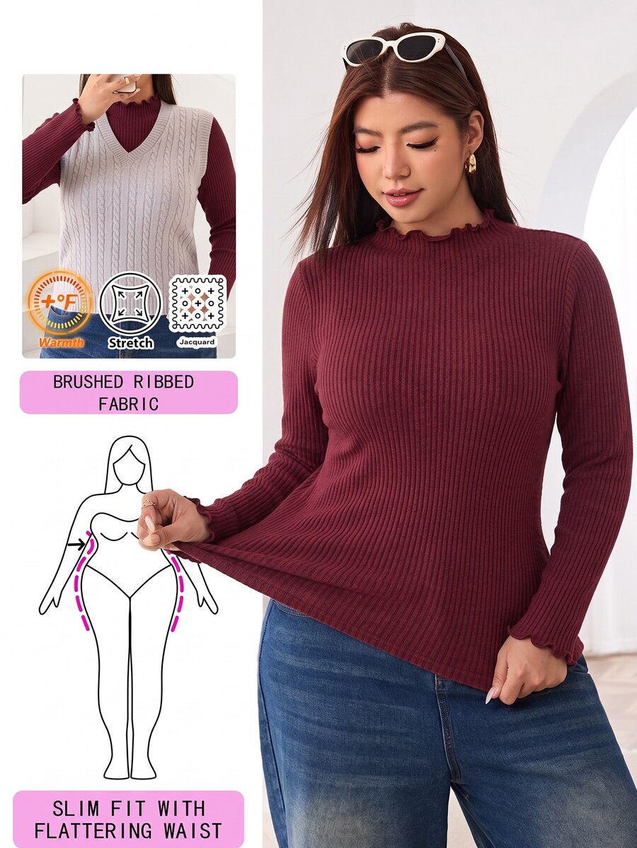 Solflare Plus Size Autumn/Winter Burgundy Ribbed Frill Trim T-Shirt - Burgundy - View 1