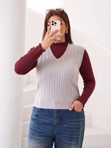 Solflare Plus Size Autumn/Winter Burgundy Ribbed Frill Trim T-Shirt - Burgundy - View 4