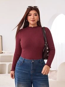 Solflare Plus Size Autumn/Winter Burgundy Ribbed Frill Trim T-Shirt - Burgundy - View 5