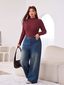 Solflare Plus Size Autumn/Winter Burgundy Ribbed Frill Trim T-Shirt - Burgundy - View 3