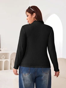 Solflare Plus Size Women's Solid Color Casual Long Sleeve T-Shirt For Daily Wear - Black - View 2